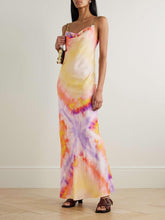 Aurohaya Exquisite Chain-Embellished Tie-Dye Satin Maxi Dress Orange