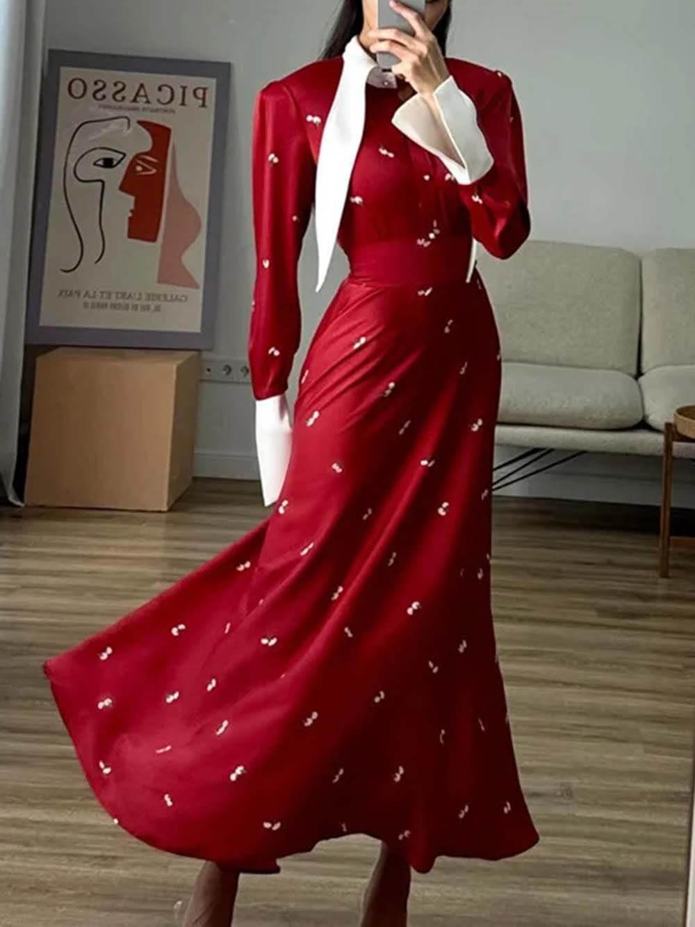 Aurohaya Elegant Patchwork Print Satin Dress