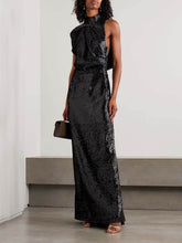 Sequined Draped Asymmetric Crepe Gown Maxi Dress