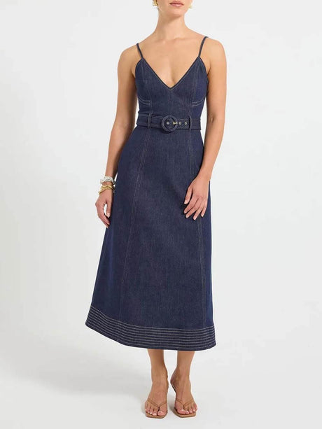 Aurohaya Casual V-Neck Flared Midi Dress