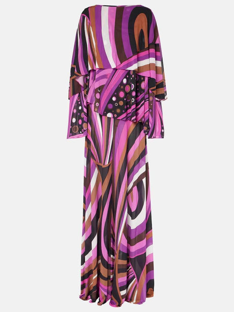 Aurohaya Unique Rainbow Print Layered Satin Maxi Dress