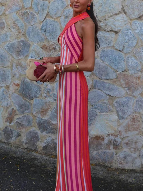 Aurohaya Summer Sunset Samba Cross-Strap Striped Maxi Dress