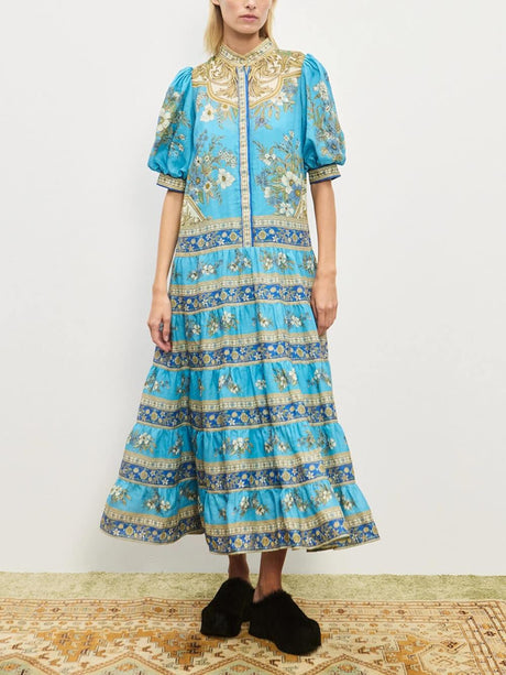 Aurohaya Unique Floral Print Puff Sleeve Tiered Shirt Maxi Dress