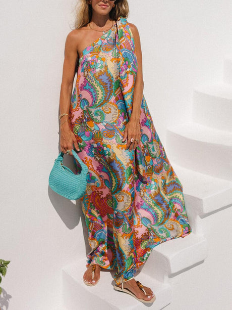 Aurohaya Elegant Breeze Satin Unique Print Bow One Shoulder Loose Maxi Dress