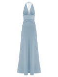 Elegant Lace-Panel V-Neck Lace-Up Satin Maxi Dress