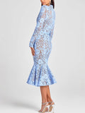 Elegant Lace Belted Long Sleeve Mermaid Midi Dress