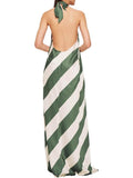 Aurohaya Exquisite Striped Print Halter Neck Backless Maxi Dress