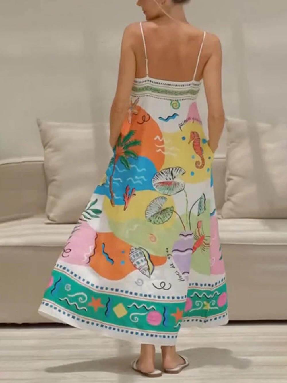 Aurohaya Unique Printed Strapless Sleeveless Resort Style Midi Dress
