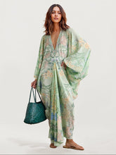 Aurohaya Unique Floral Print V Neck Oversized Midi Dress Green