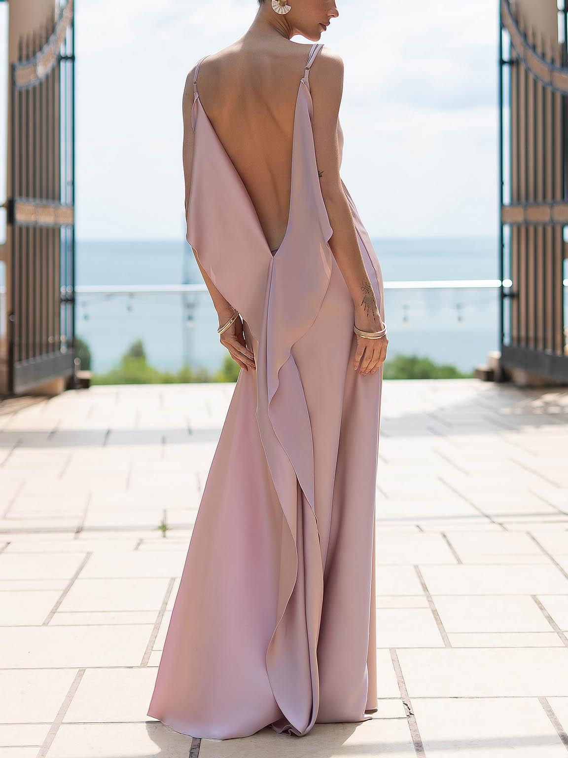 Aurohaya Sexy Elegant Satin Side High Slit Maxi Dress Pink