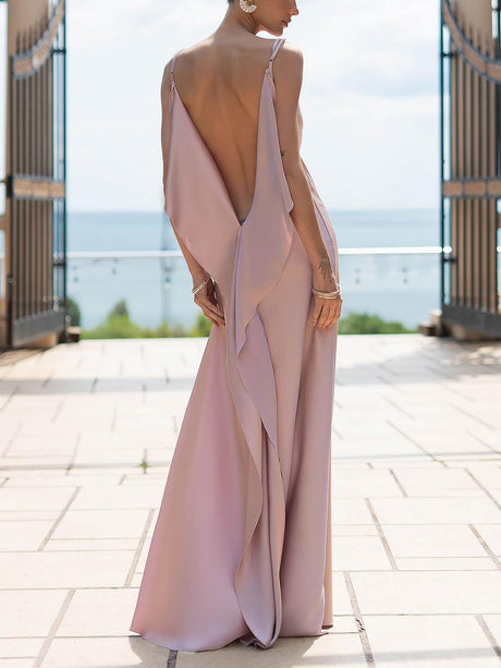 Aurohaya Sexy Elegant Satin Side High Slit Maxi Dress Pink