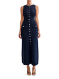 Elegant Crew Neck Buttoned Sleeveless Knit Midi Dress