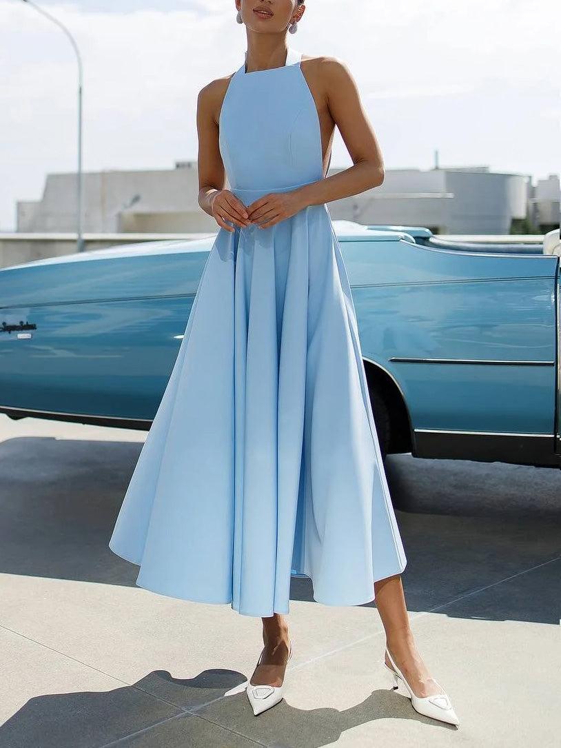 Aurohaya Elegant Halter Neck A-Line Midi Dress Blue