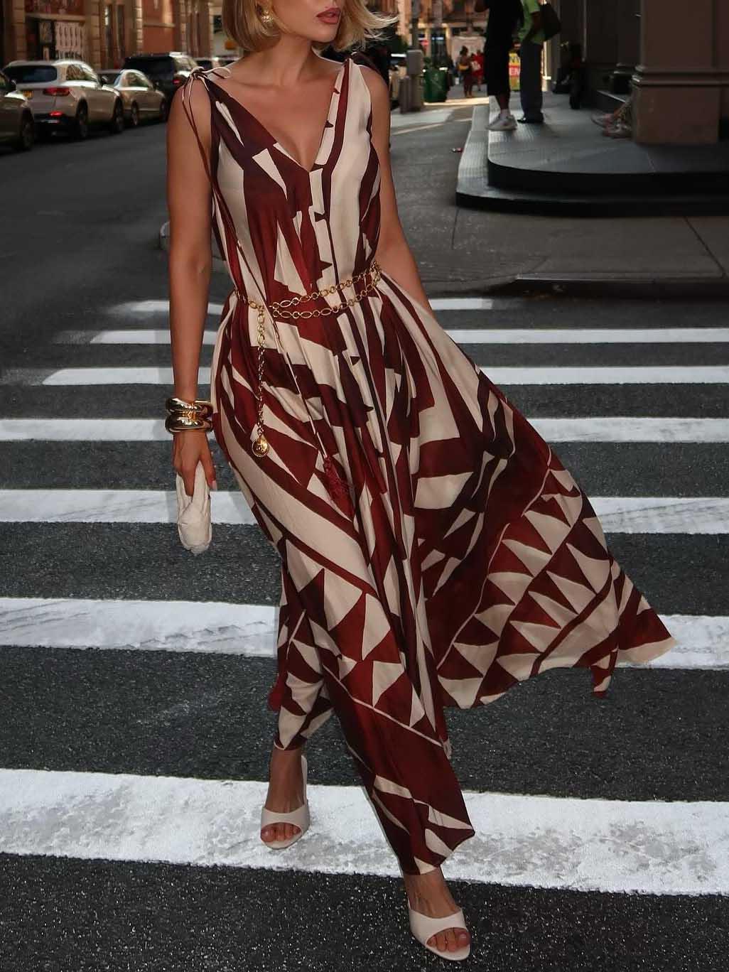 Aurohaya Unique Abstract Geometric Print Deep V-neck Fluffy Maxi Dress