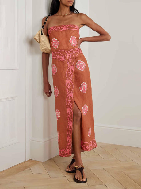 Aurohaya Retro Strapless Printed Slit Midi Dress Brown