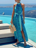 Bohemian Unique Print Slit Belted High Collar Maxi Dress