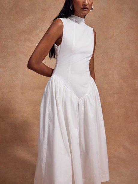 Aurohaya Casual Pleated Slim Low Waist Midi Dress