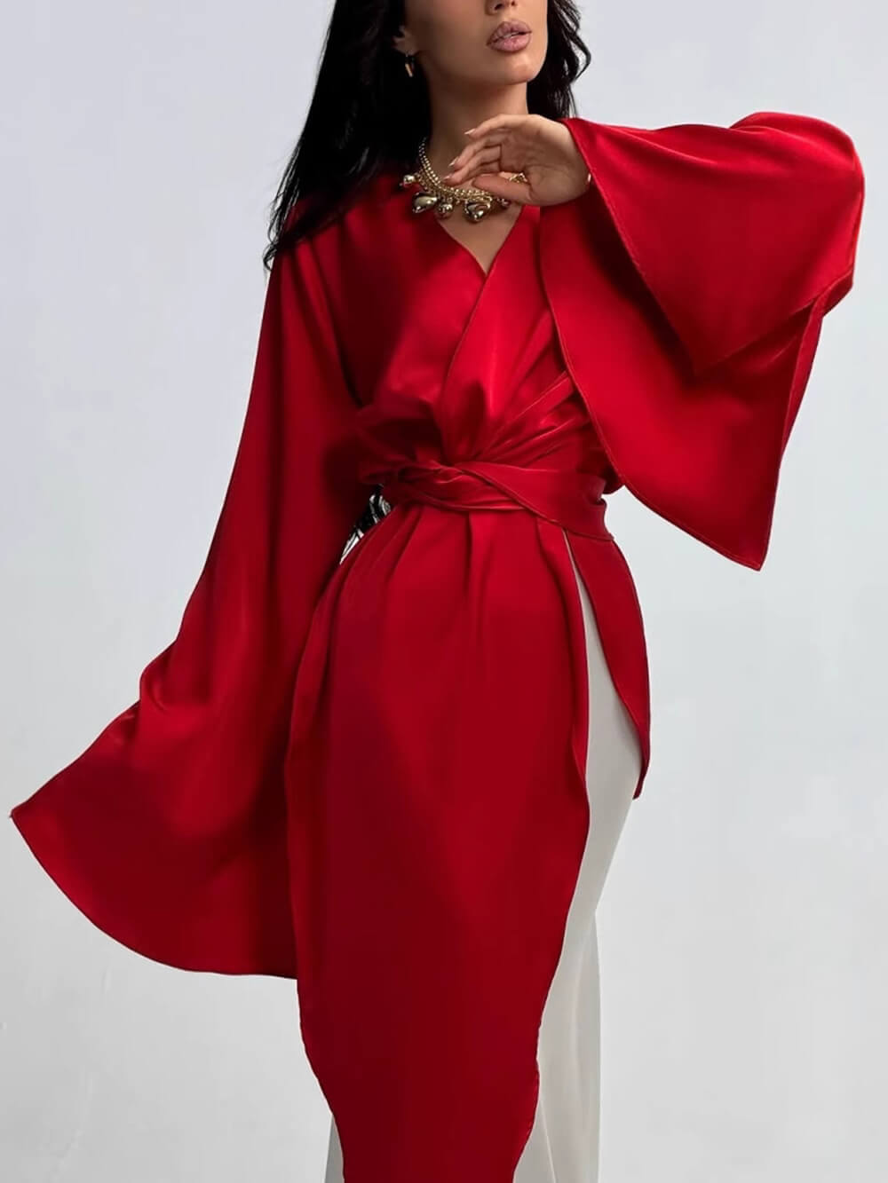 Aurohaya Elegant Satin Red & White Color-Block Bell Sleeve Gown Maxi Dress