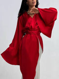 Aurohaya Elegant Satin Red & White Color-Block Bell Sleeve Gown Maxi Dress