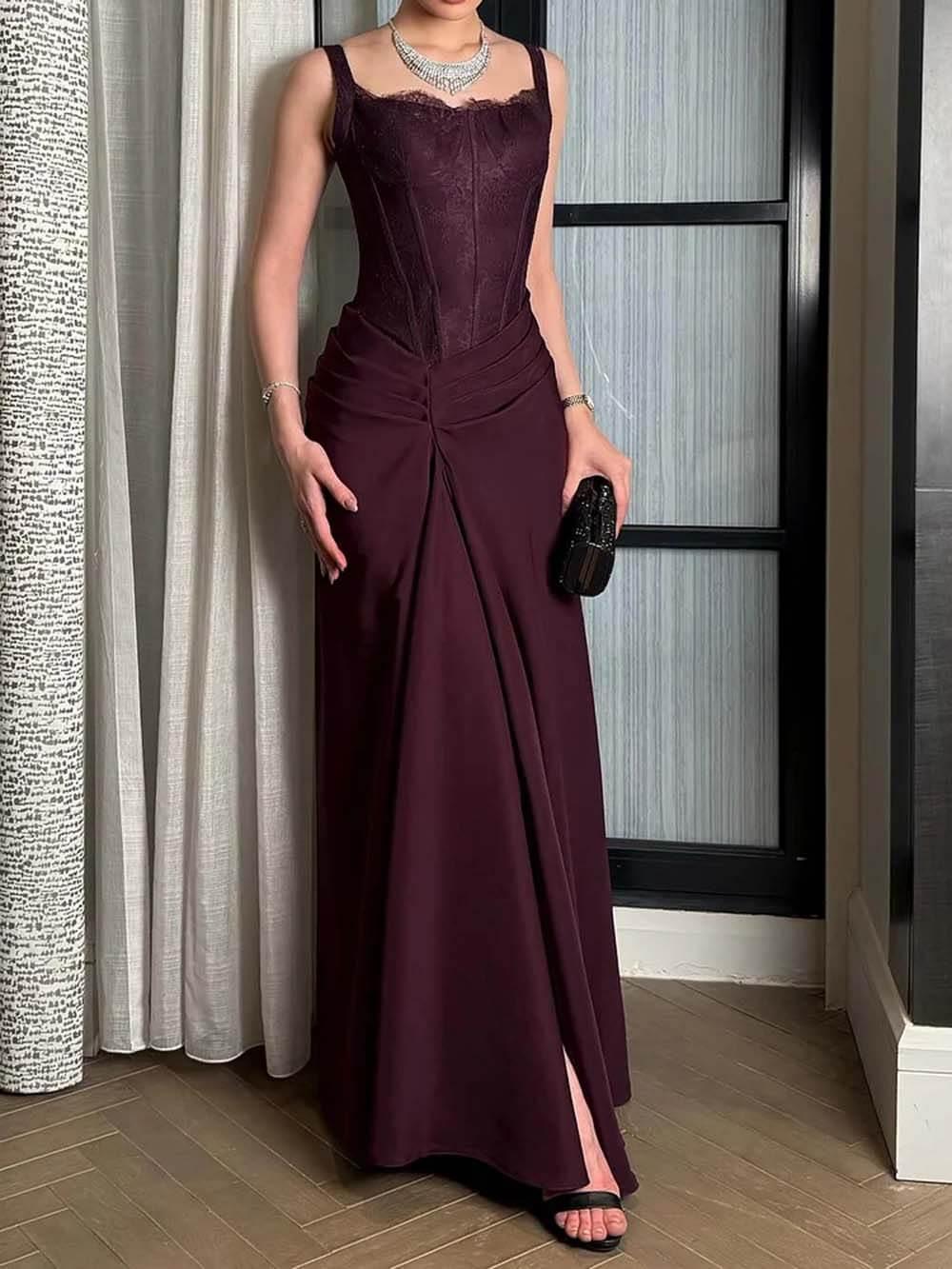 Aurohaya Elegant Lace With Side Slit Evening Gown Maxi Dress Burgundy