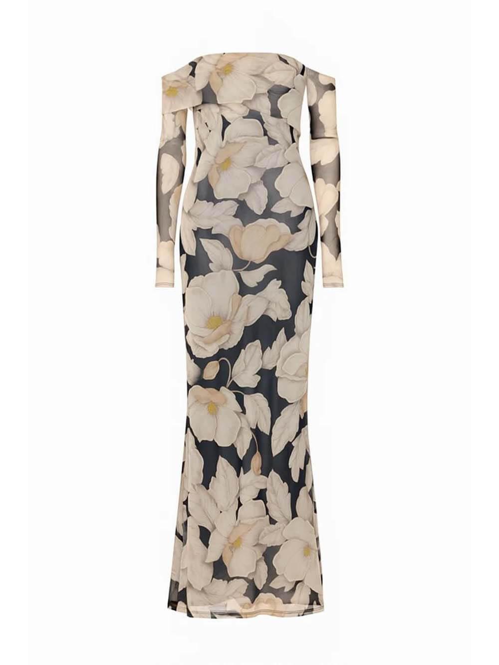 Aurohaya Elegant Floral Print Off-Shoulder Mesh Maxi Dress
