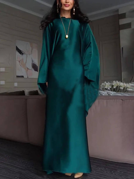 Aurohaya Elegant Satin Batwing Sleeve with Waist Tie Design Dignified A-line Maxi Dress