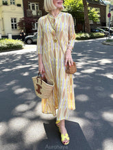 Aurohaya Casual Effortless V-Neck Printed Vacation Maxi Dress Apricot