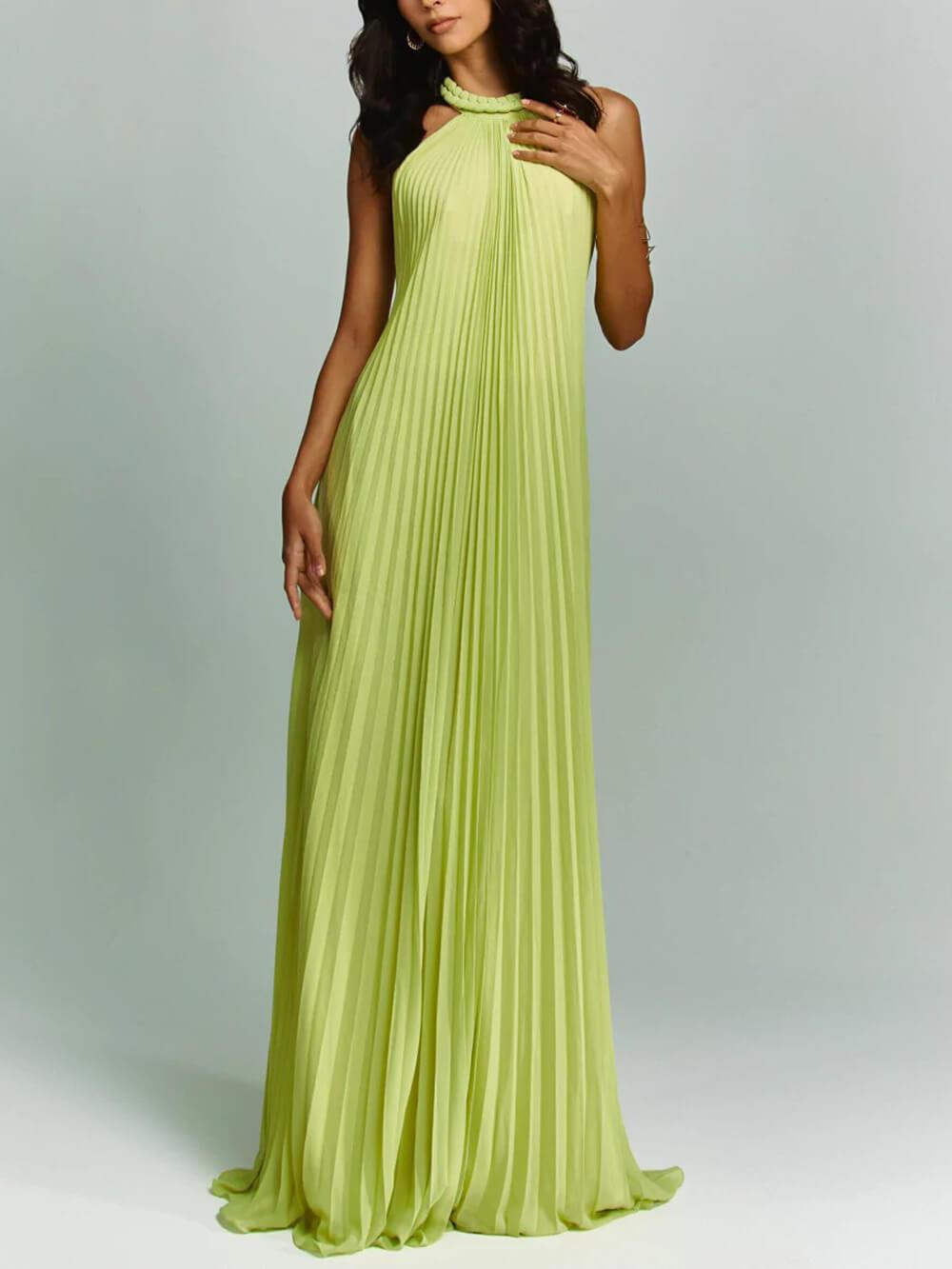 Aurohaya Exquisite Pleated Backless Party Dress Green
