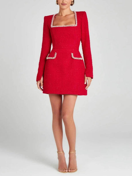 Aurohaya Exquisite Girl Charm Pearl Trim Slit Sleeve Pocket Mini Dress