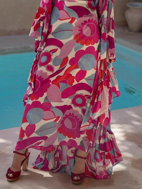 Aurohaya Exquisite Floral Print Pleated Batwing Sleeves Loose-Fitting Maxi Dress