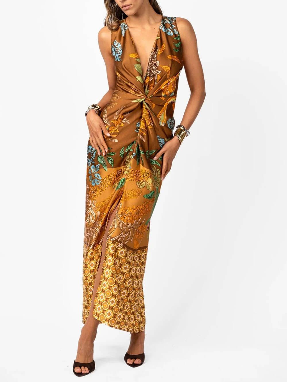 Aurohaya Delicate Floral Print V-Neck Twisted Draped Satin Maxi Dress