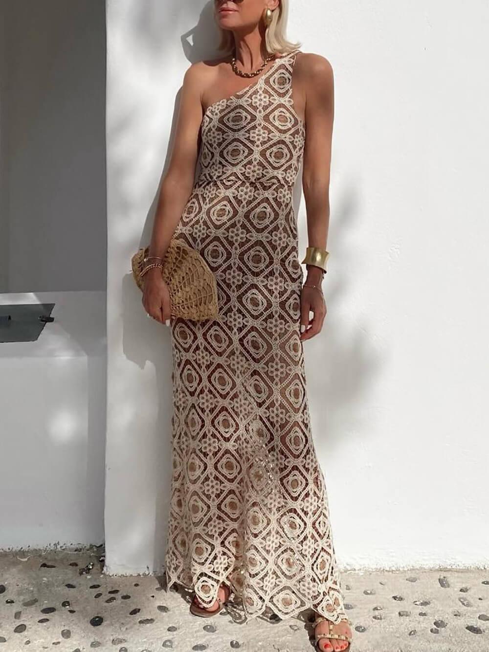 Aurohaya Summer Obsession One-Shoulder Crochet Lace Maxi Dress