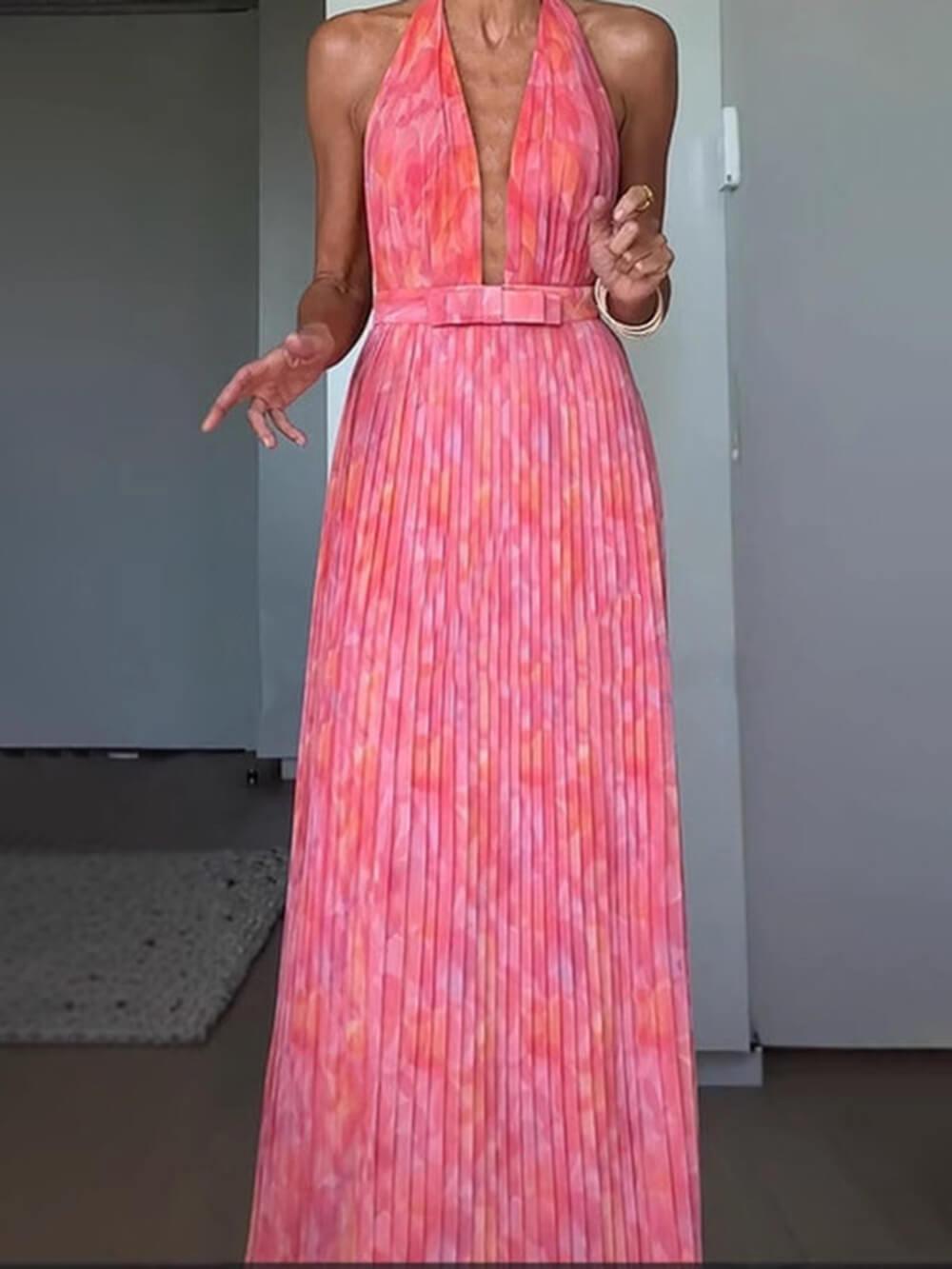 Aurohaya Elegant Halter V Neck Open Back Print Pleated Maxi Dress