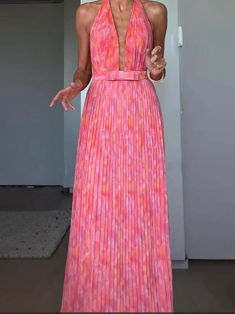 Aurohaya Elegant Halter V Neck Open Back Print Pleated Maxi Dress