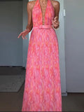 Aurohaya Elegant Halter V Neck Open Back Print Pleated Maxi Dress