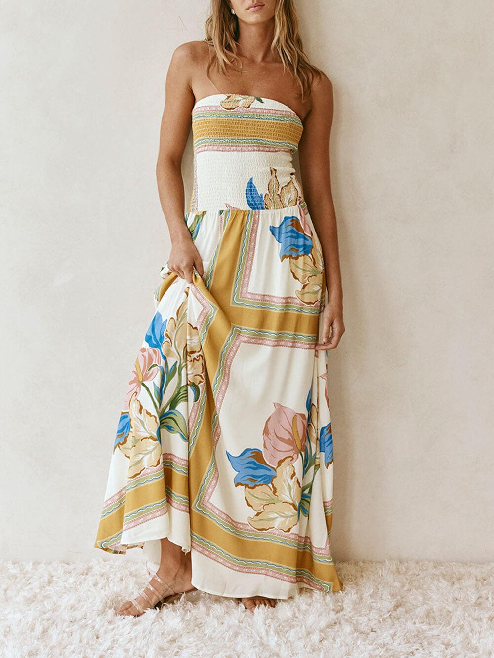 Aurohaya Elegant Off-Shoulder Printed Ruched A-Line With Pockets Maxi Dress