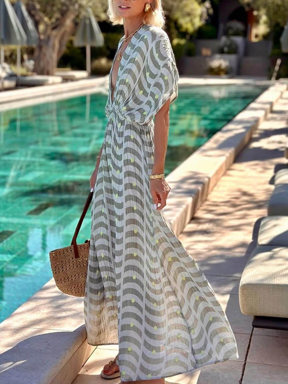 Aurohaya Unique Ruched Print With Drop Shoulders Side Slit Maxi Dress
