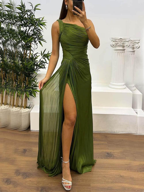 Aurohaya Elegant Fashion One-shoulder Pleated Ribbon Slim Slit Maxi Dress Green