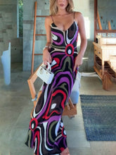 Retro Printed Satin Backless Maxi Dress