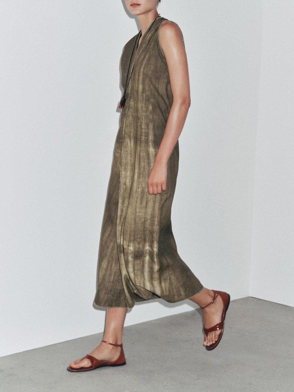 Aurohaya Exquisite Abstract Tie-Dye Print Linen Sleeveless Vacation Midi Dress