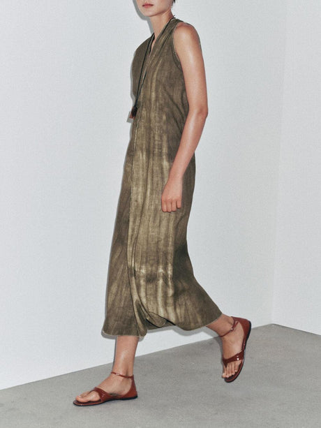 Aurohaya Exquisite Abstract Tie-Dye Print Linen Sleeveless Vacation Midi Dress