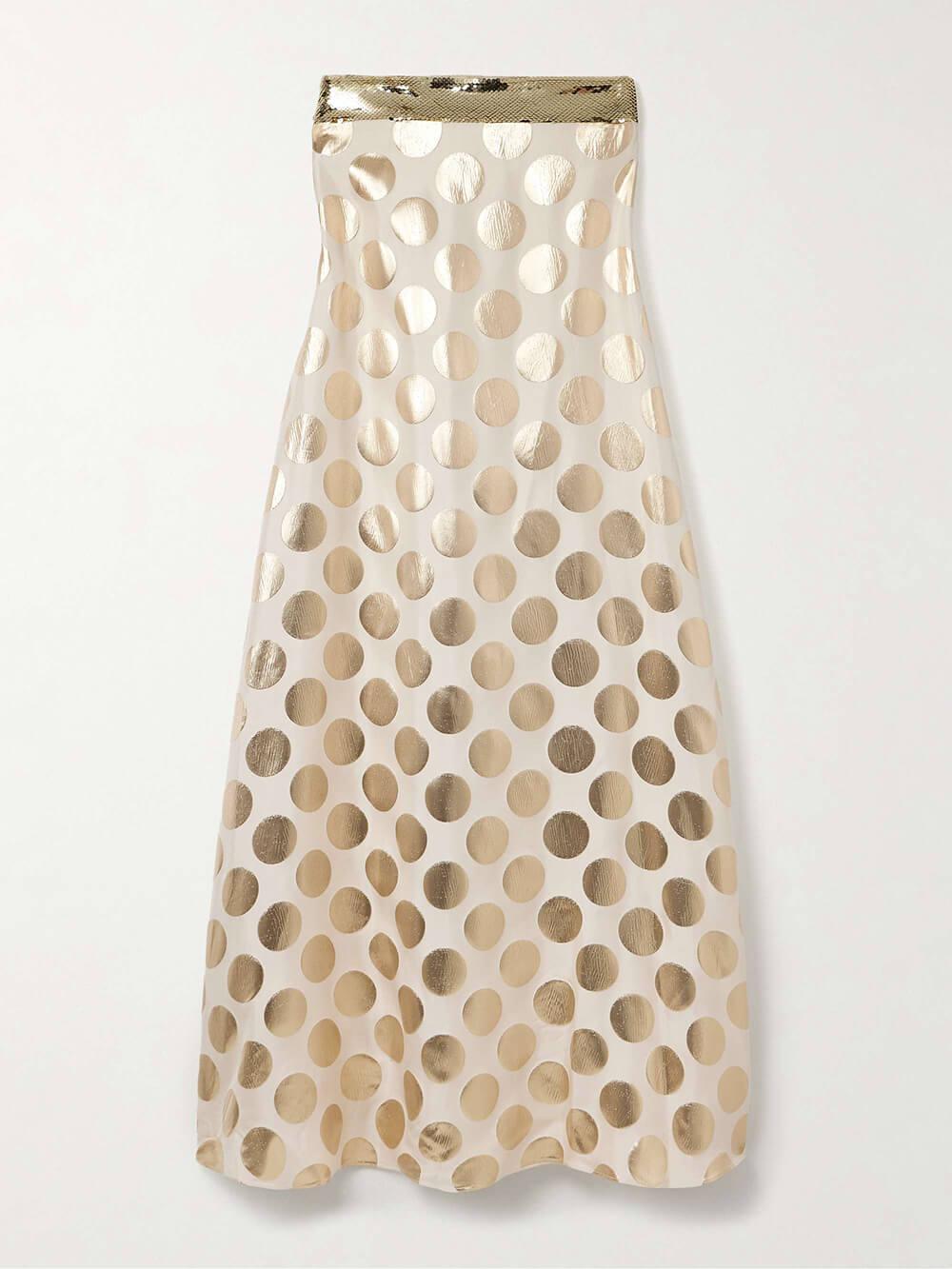 Aurohaya Elegant Off-Shoulder Sequin Metallic Polka Dot Maxi Dress