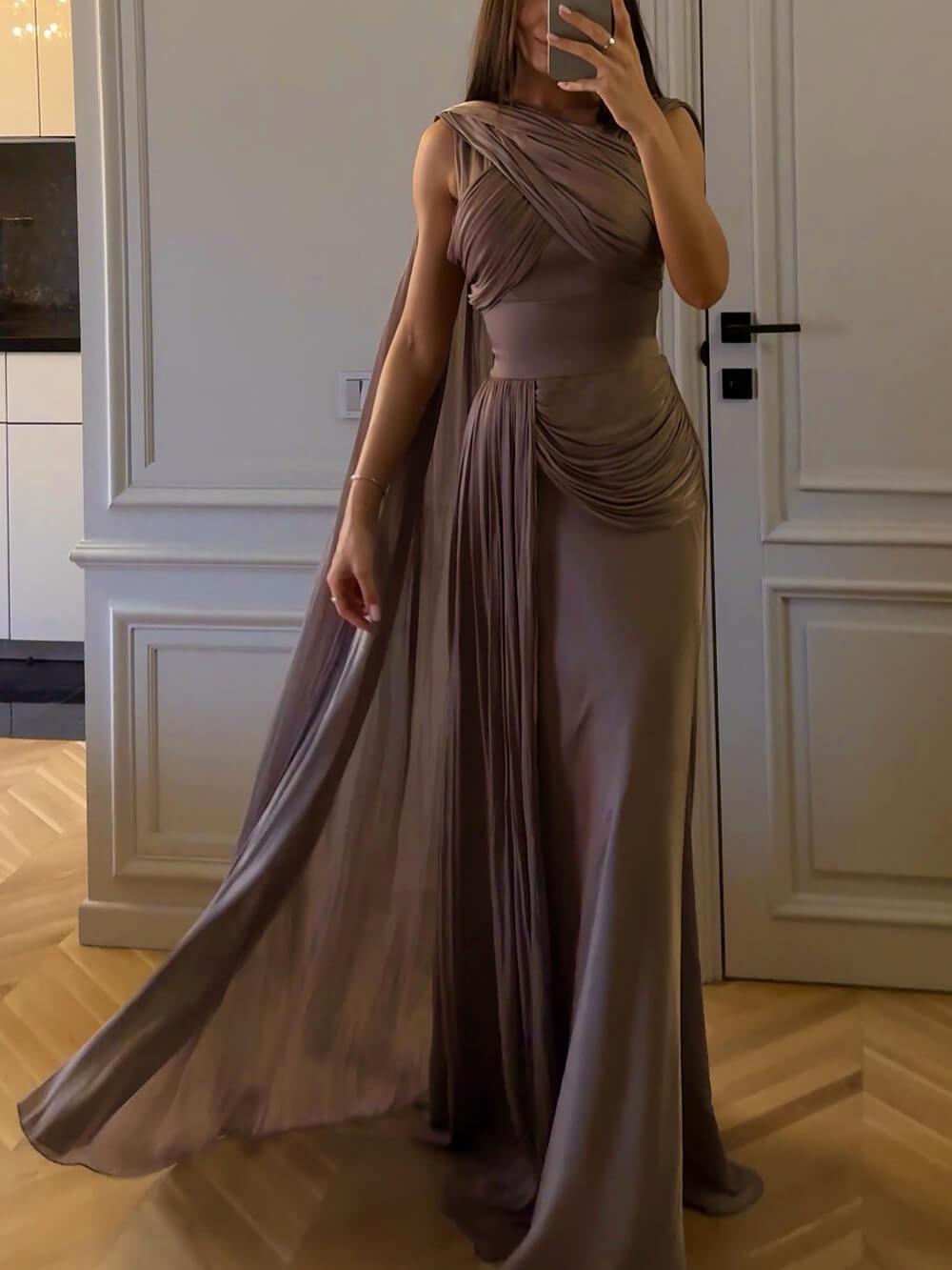 Aurohaya Elegant Draped Sash Satin Evening Gown Maxi Dress