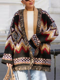 Retro Ethnic Print Fringe Panel Loose Cardigan