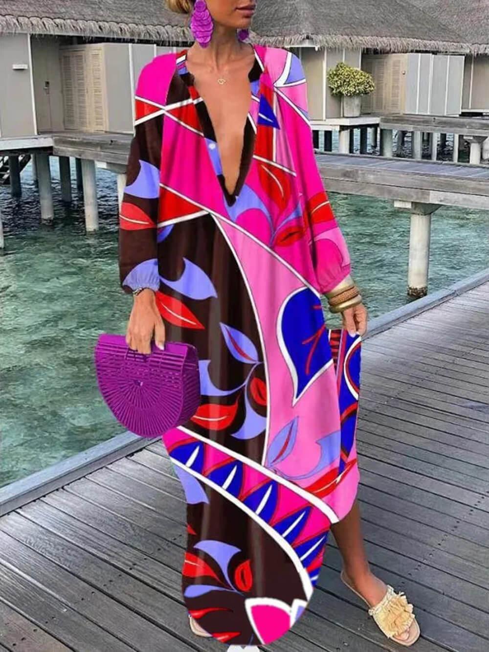 Aurohaya Bohemian V-Neck Printed Maxi Dress Red