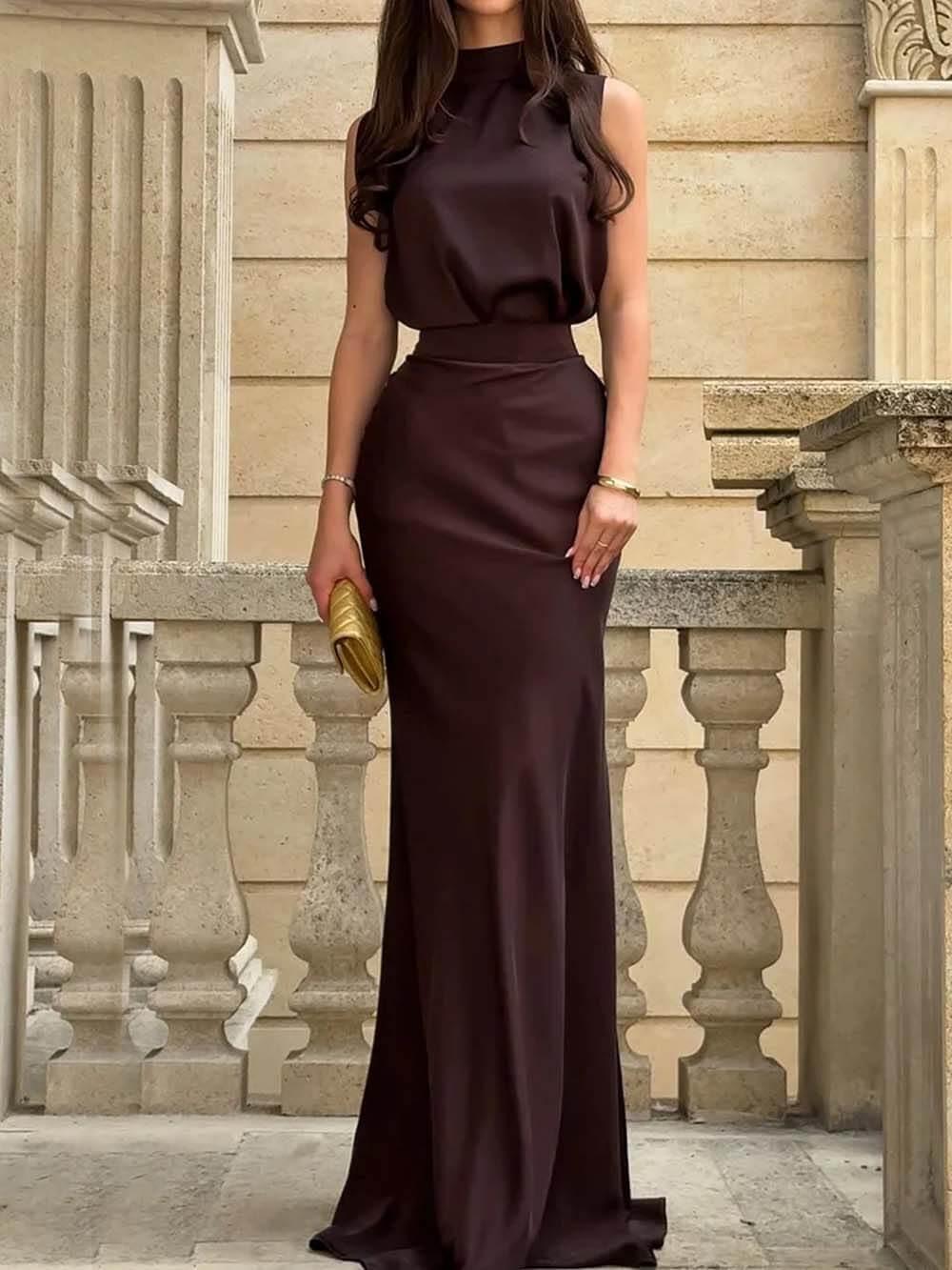 Aurohaya Exquisite Chocolate Brown High-neck Sleeveless Maxi Dress Chocolate