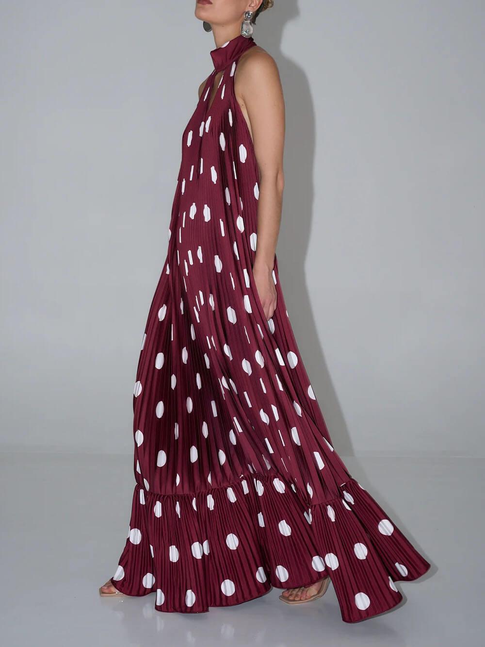 Aurohaya Elegant Polka Dot Backless Halter Evening Gown Maxi Dress