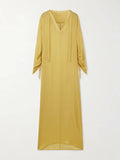 Casual Satin V-Neck Pleated Cuff Maxi Dress