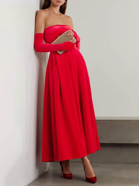 Aurohaya Elegant Strapless Pleated Velvet Gloves Maxi Dress Red