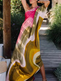 Elegant Satin Tie Dye Print One Shoulder Drape Vacation Maxi Dress